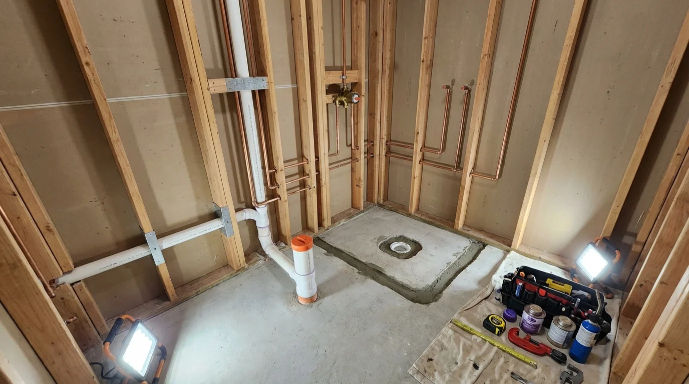 Bathroom rough-in plumbing during remodel by Johns Plumbing LLC in Young Harris
