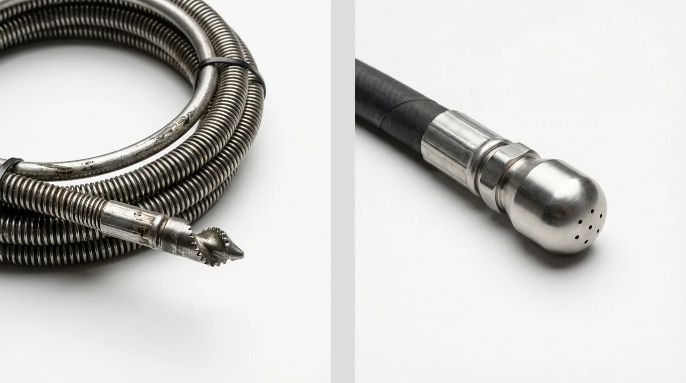 Drain snake cable and hydro jetting nozzle used for drain cleaning in Young Harris, GA
