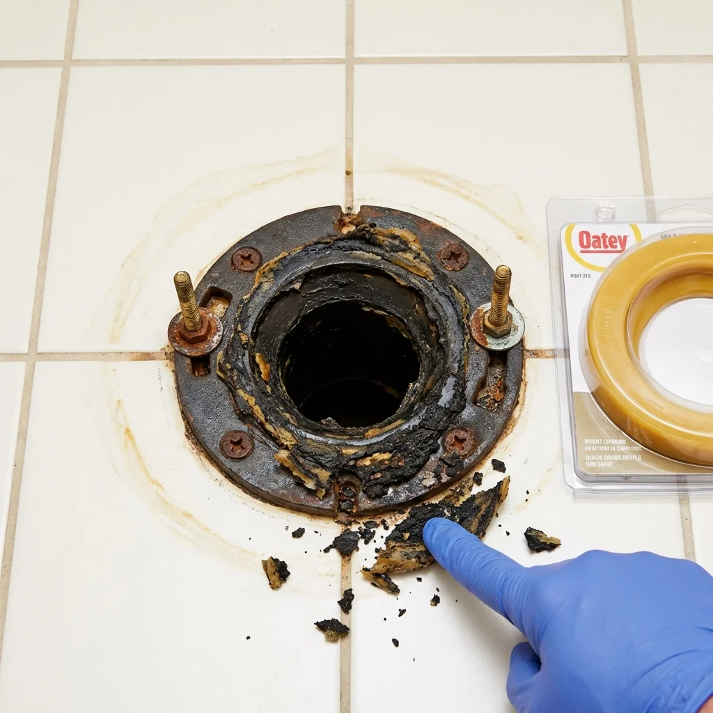 Failed wax ring showing water seepage at the base of a toilet in a Young Harris, GA home