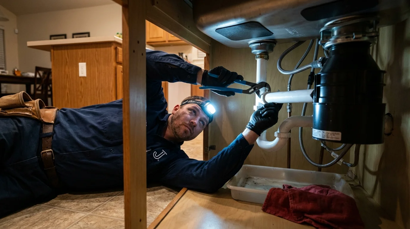 P-trap and supply line connections under a kitchen sink showing a common leak point in Young Harris, GA